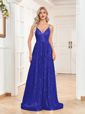 Sequin V-Neck Spaghetti Straps A-Line Floor Length Prom/Evening Dress
