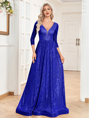 Sequin V-Neck Long Sleeveless A-Line Floor Length Navy Blue Prom/Evening Dress