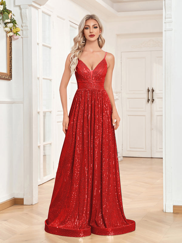 Sequin V-Neck Spaghetti Straps A-Line Floor Length Prom/Evening Dress