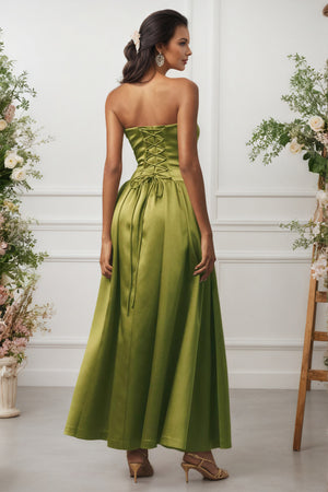Strapless Drop-Waist Strapless Satin Maxi A Line Bridesmaid Dress