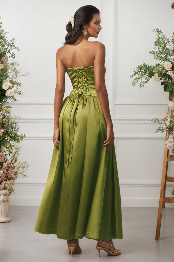 Strapless Drop-Waist Strapless Satin Maxi A Line Bridesmaid Dress