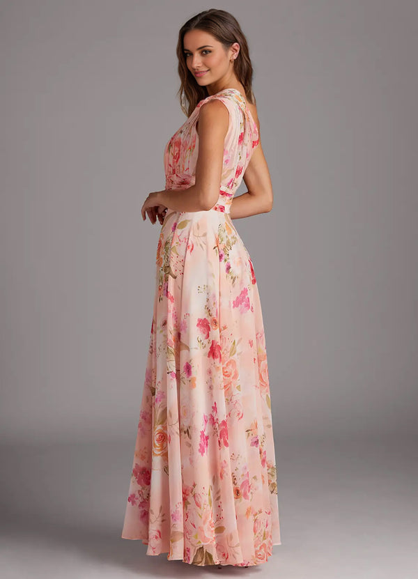 A-line One Shoulder Floor-Length Chiffon Bridesmaid Dress With Slit