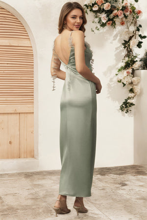 Column Tendril-Sleeve Satin Maxi Spaghetti Straps Bridesmaid Dress