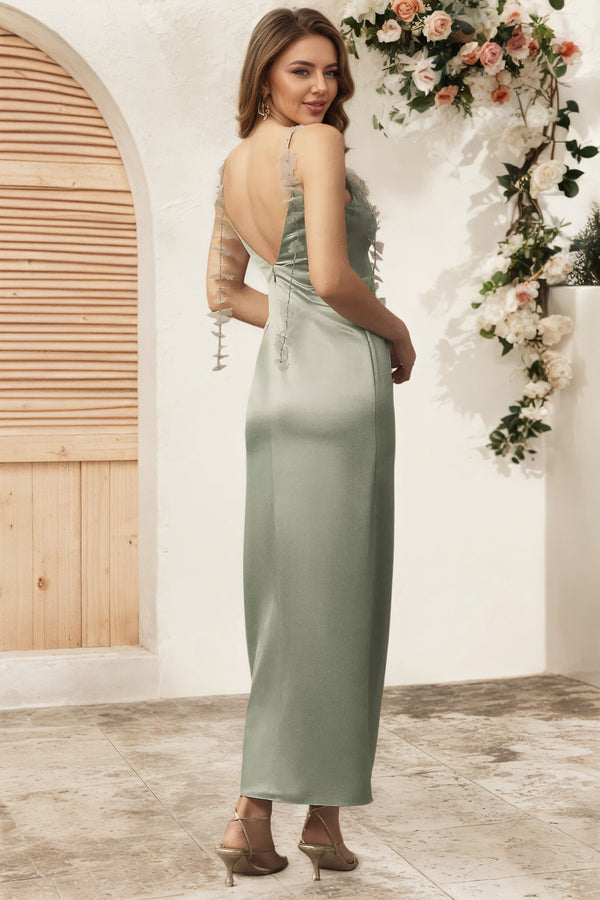Column Tendril-Sleeve Satin Maxi Spaghetti Straps Bridesmaid Dress