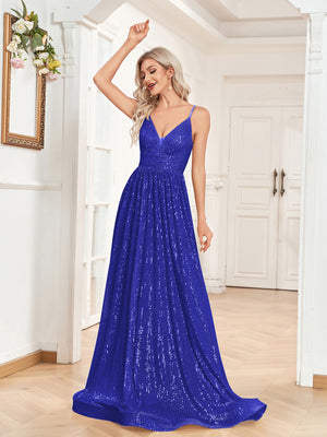 Sequin V-Neck Spaghetti Straps A-Line Floor Length Prom/Evening Dress