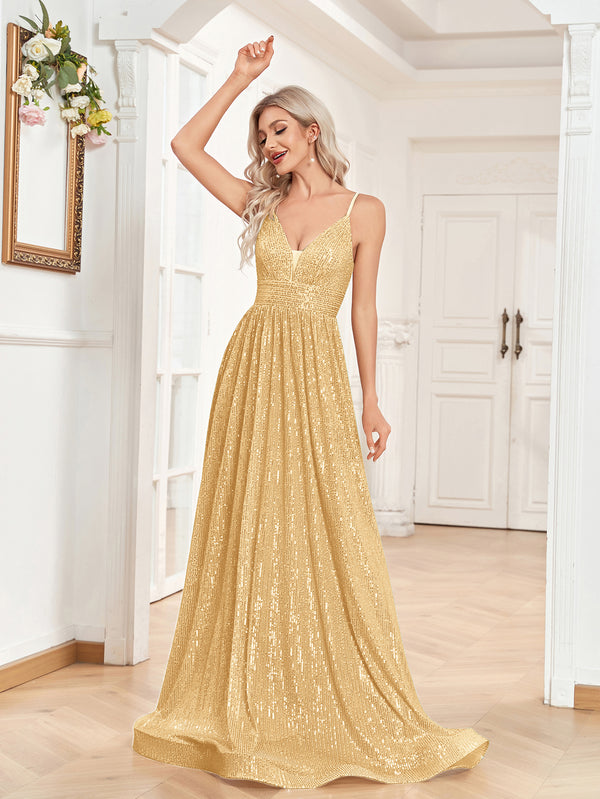 Sequin V-Neck Spaghetti Straps A-Line Floor Length Prom/Evening Dress