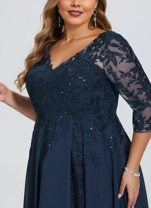 A-line V-Neck Floor-Length Lace Chiffon Mother of the Bride Dress With Sequins