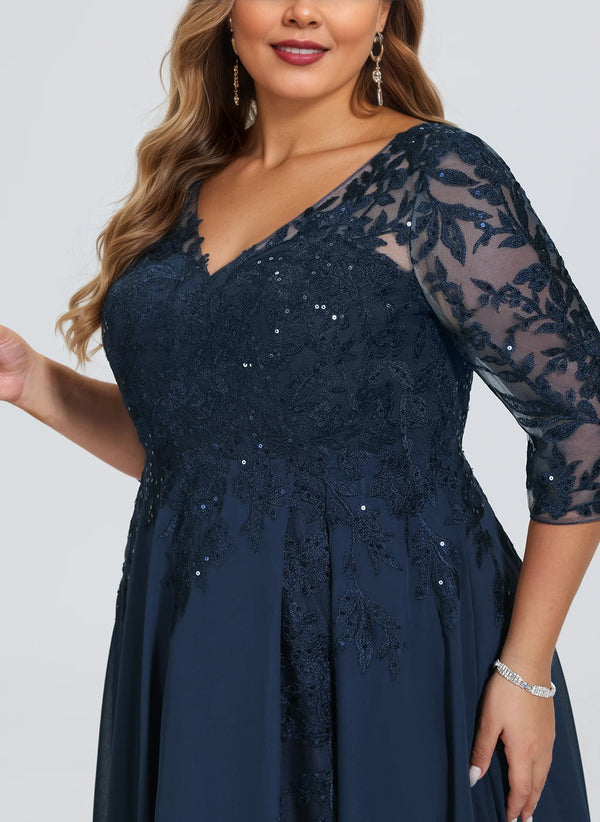 A-line V-Neck Floor-Length Lace Chiffon Mother of the Bride Dress With Sequins