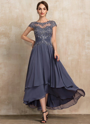 A-line Scoop Illusion Asymmetrical Chiffon Lace Mother of the Bride Dress With Beading