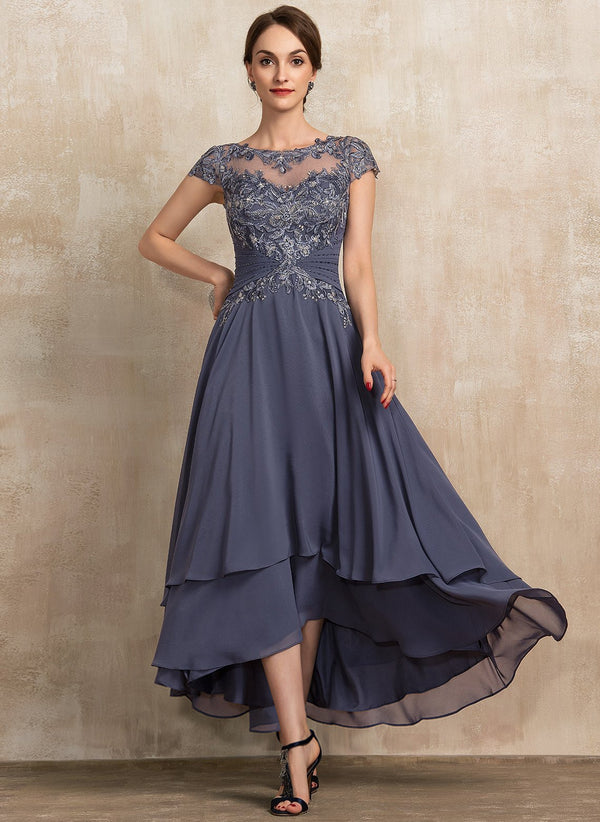 A-line Scoop Illusion Asymmetrical Chiffon Lace Mother of the Bride Dress With Beading