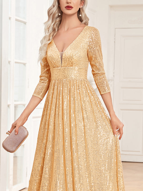 Sequin V-Neck Long Sleeveless A-Line Floor Length Navy Blue Prom/Evening Dress