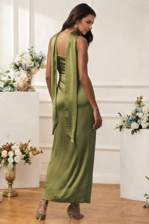 Scoop-Neck Scarf Satin Maxi Bridesmaid Dress with Slit