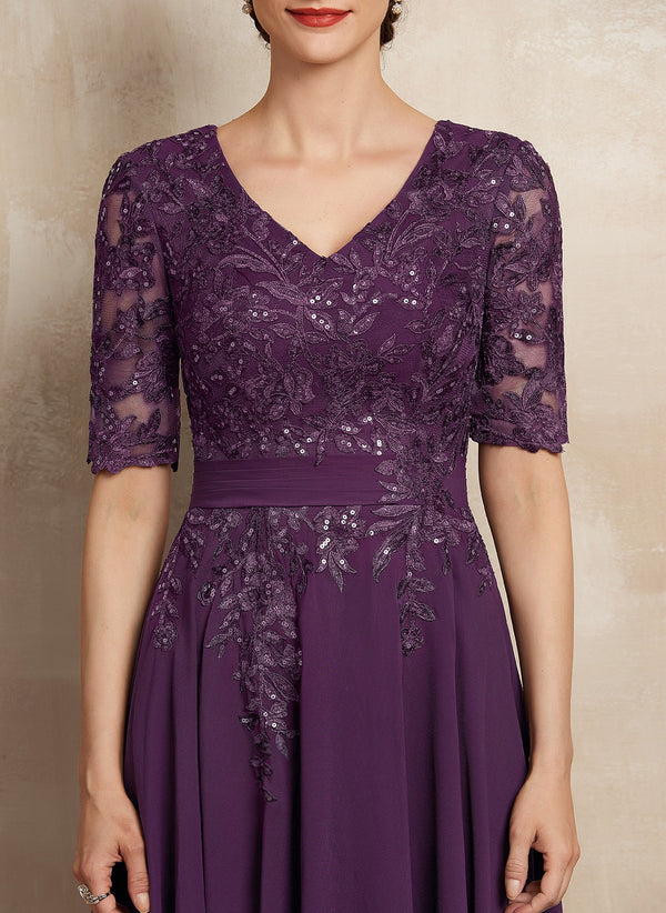 A-line V-Neck Tea-Length Lace Chiffon Mother of the Bride Dress With Sequins