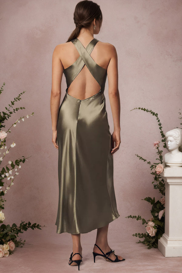 Mermaid Halter Sleeveless Midi Bridesmaid Dress