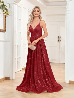 Sequin V-Neck Spaghetti Straps A-Line Floor Length Prom/Evening Dress