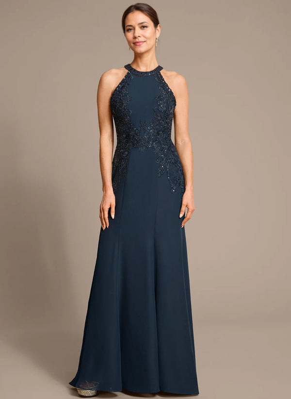 Trumpet/Mermaid Halter Floor-Length Chiffon Lace Mother of the Bride Dress With Sequins Beading