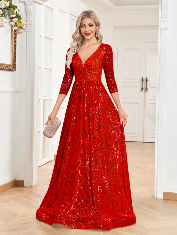 Sequin V-Neck Long Sleeveless A-Line Floor Length Navy Blue Prom/Evening Dress