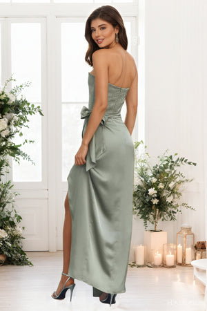 A-line Corset Jacquard Front-Slit Satin Strapless Bridesmaid Dress