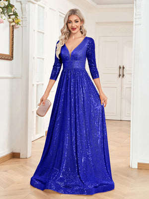 Sequin V-Neck Long Sleeveless A-Line Floor Length Navy Blue Prom/Evening Dress