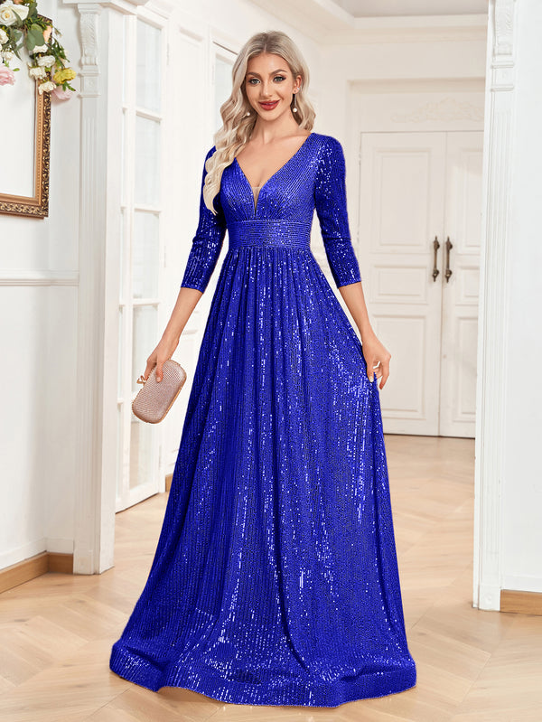 Sequin V-Neck Long Sleeveless A-Line Floor Length Navy Blue Prom/Evening Dress