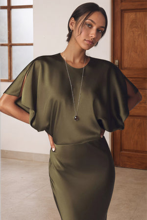 Mermaid Reverse Obie Satin Maxi Short Sleeves Bridesmaid Dress