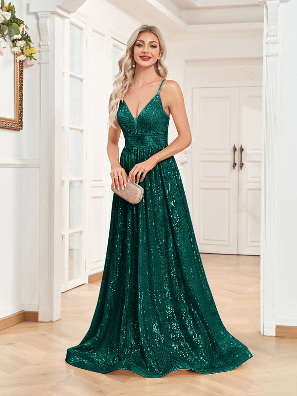 Sequin V-Neck Spaghetti Straps A-Line Floor Length Prom/Evening Dress