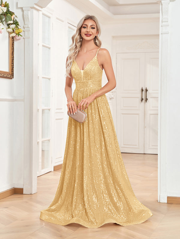 Sequin V-Neck Spaghetti Straps A-Line Floor Length Prom/Evening Dress