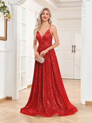 Sequin V-Neck Spaghetti Straps A-Line Floor Length Prom/Evening Dress