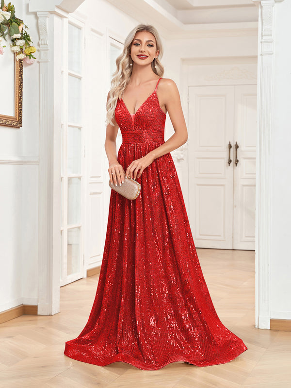 Sequin V-Neck Spaghetti Straps A-Line Floor Length Prom/Evening Dress