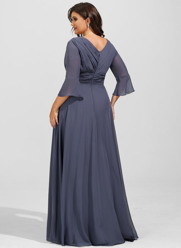 A-line V-Neck Floor-Length Chiffon Mother of the Bride Dress With Cascading Ruffles