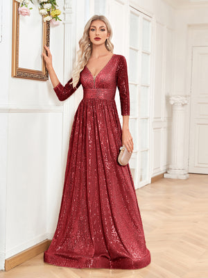 Sequin V-Neck Long Sleeveless A-Line Floor Length Navy Blue Prom/Evening Dress