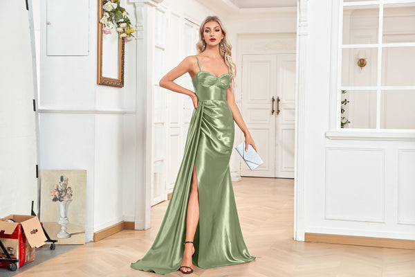 Trumpet/Mermaid Sweetheart Neck Spaghetti Straps Sweep Train Satin Prom Dresses With Silt