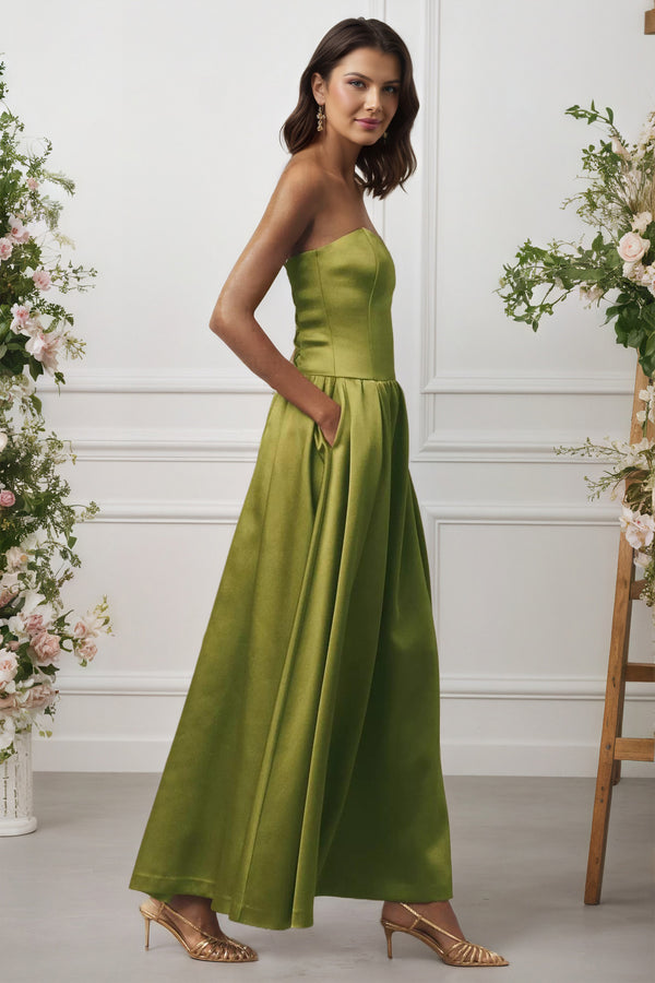 Strapless Drop-Waist Strapless Satin Maxi A Line Bridesmaid Dress
