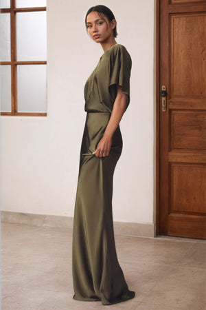 Mermaid Reverse Obie Satin Maxi Short Sleeves Bridesmaid Dress