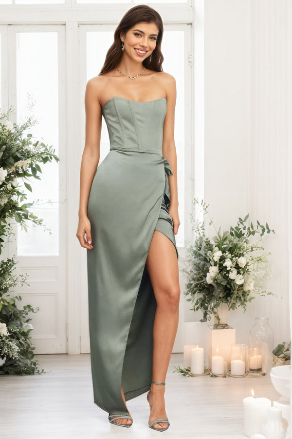 A-line Corset Jacquard Front-Slit Satin Strapless Bridesmaid Dress