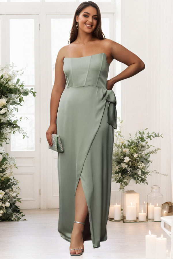 A-line Corset Jacquard Front-Slit Satin Strapless Bridesmaid Dress