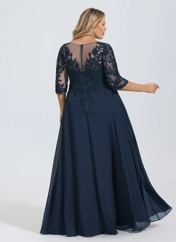 A-line V-Neck Floor-Length Lace Chiffon Mother of the Bride Dress With Sequins