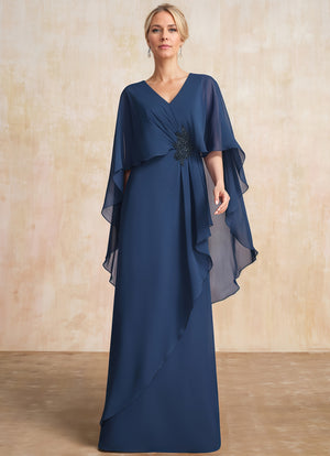 A-line V-Neck Floor-Length Chiffon Mother of the Bride Dress With Cascading Ruffles Beading