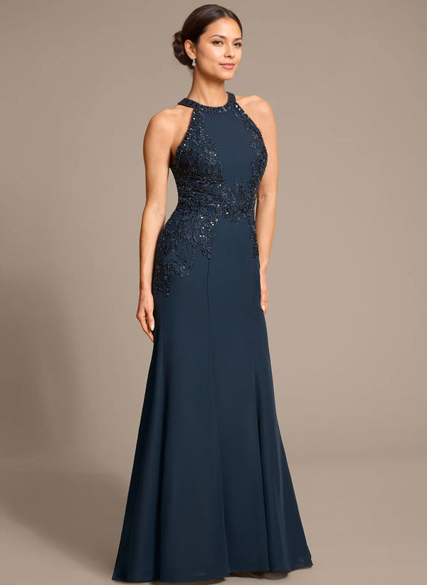 Trumpet/Mermaid Halter Floor-Length Chiffon Lace Mother of the Bride Dress With Sequins Beading