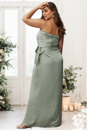 A-line Corset Jacquard Front-Slit Satin Strapless Bridesmaid Dress