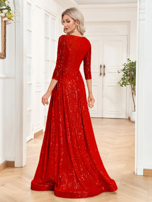 Sequin V-Neck Long Sleeveless A-Line Floor Length Navy Blue Prom/Evening Dress