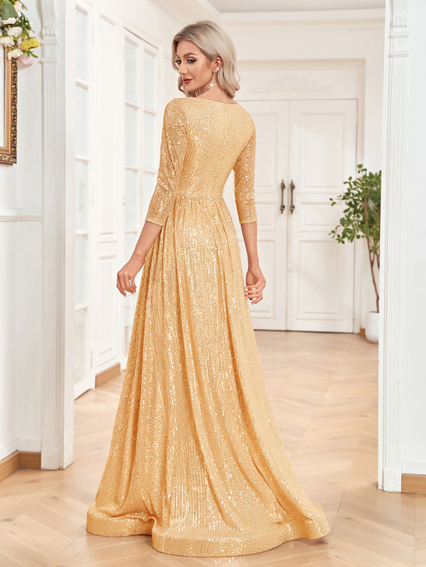 Sequin V-Neck Long Sleeveless A-Line Floor Length Navy Blue Prom/Evening Dress