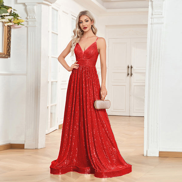 Sequin V-Neck Spaghetti Straps A-Line Floor Length Prom/Evening Dress