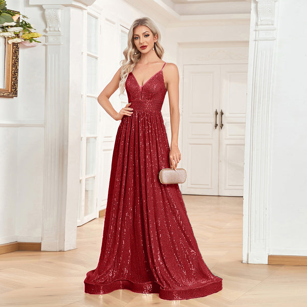 Sequin V-Neck Spaghetti Straps A-Line Floor Length Prom/Evening Dress