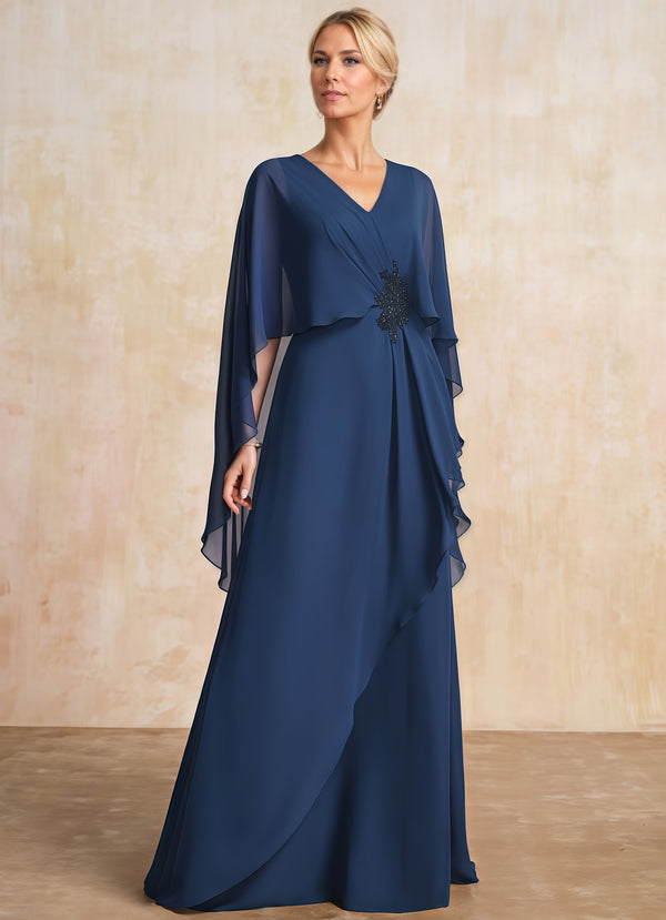 A-line V-Neck Floor-Length Chiffon Mother of the Bride Dress With Cascading Ruffles Beading