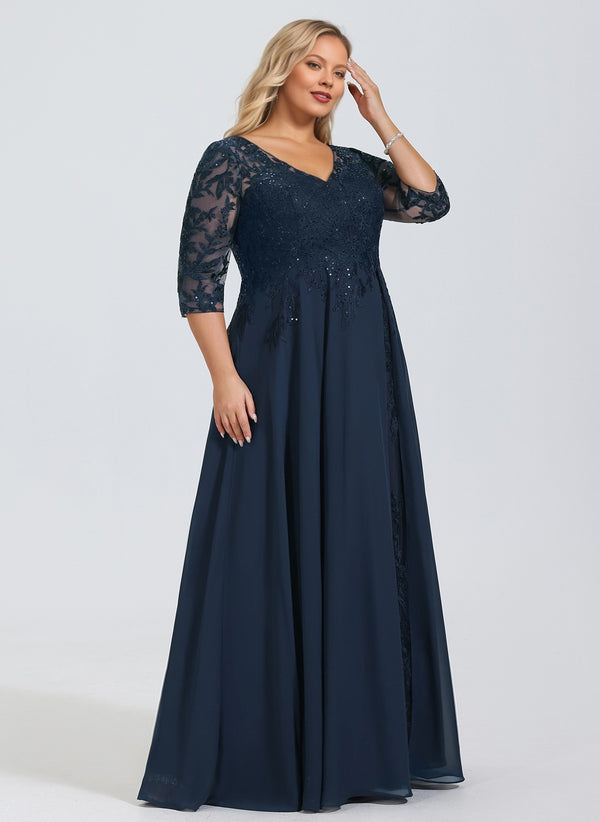 A-line V-Neck Floor-Length Lace Chiffon Mother of the Bride Dress With Sequins