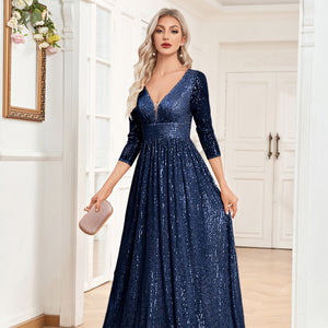 Sequin V-Neck Long Sleeveless A-Line Floor Length Navy Blue Prom/Evening Dress