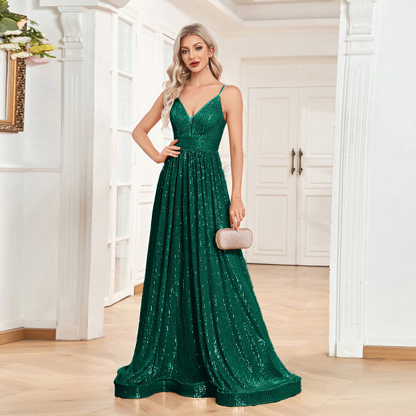 Sequin V-Neck Spaghetti Straps A-Line Floor Length Prom/Evening Dress