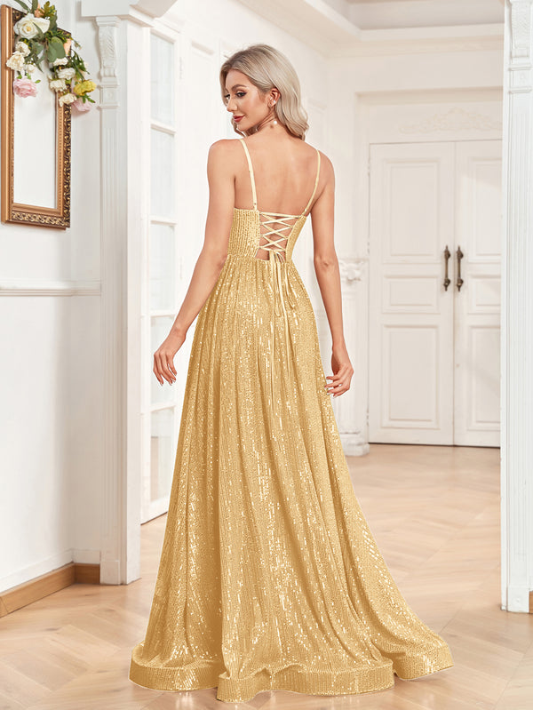 Sequin V-Neck Spaghetti Straps A-Line Floor Length Prom/Evening Dress