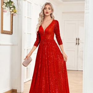 Sequin V-Neck Long Sleeveless A-Line Floor Length Navy Blue Prom/Evening Dress